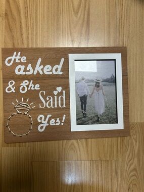 Wooden 'He Asked & She Said Yes' Photo Frame - White Text